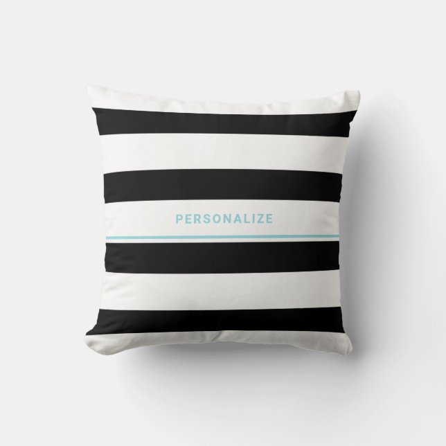 Coussin Trendy Bold Black White Stripes et Turquoise Name (Recto)