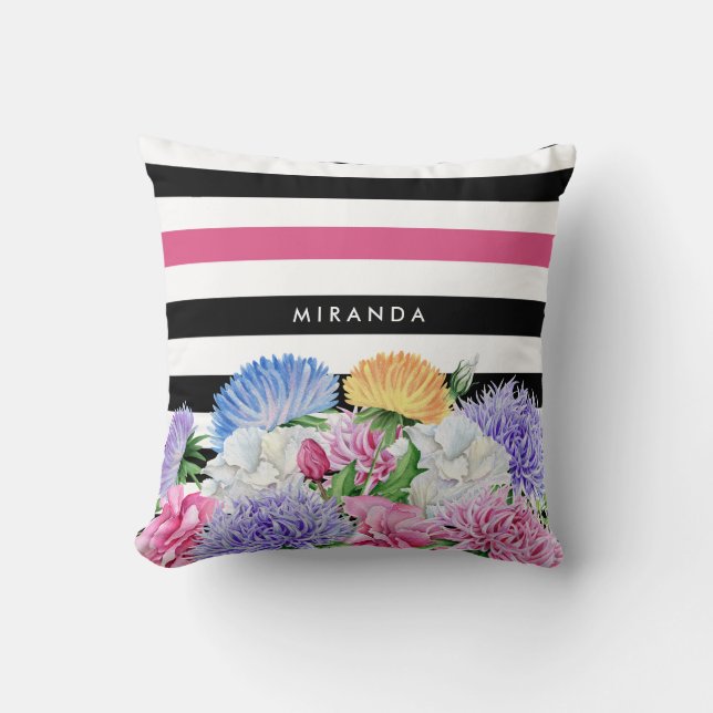Coussin Trendy rose et noir rayures florales avec nom (Recto)