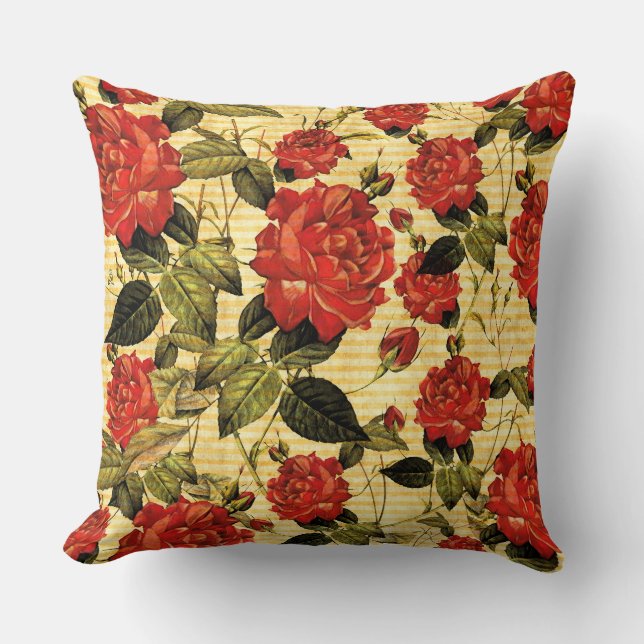 Coussin Trésors du grenier - Roses rouges sur bandes jaune (Recto)