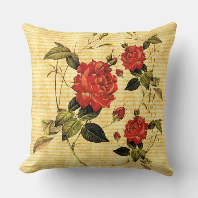 Coussin Trésors du grenier - Roses rouges sur bandes jaune (Recto)