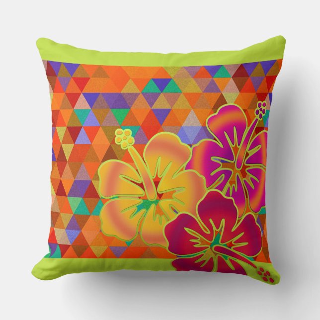 Coussin TRIANGLES motif - coloré + fleurs d'hibiscus (Recto)