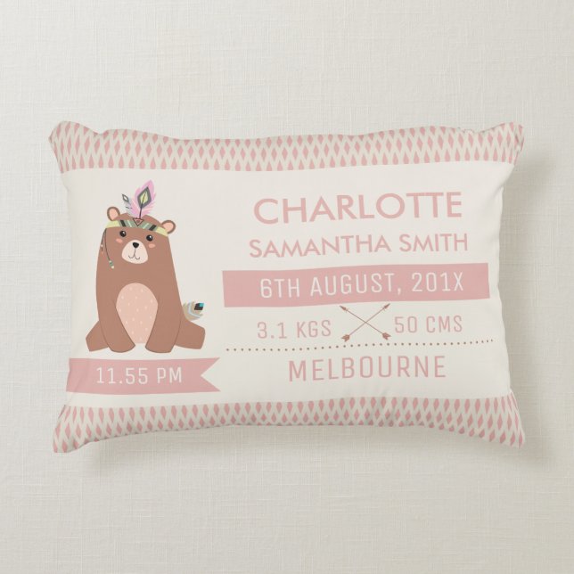 Coussin tribal de faire-part de naissance d'ours (Devant)