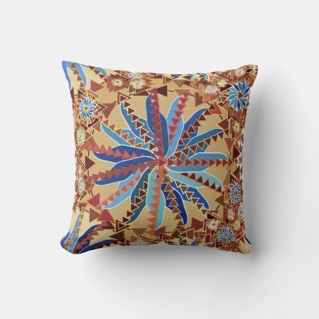 Coussin Tribal Mandala Print, Camel Tan et Denim Blue (Recto)