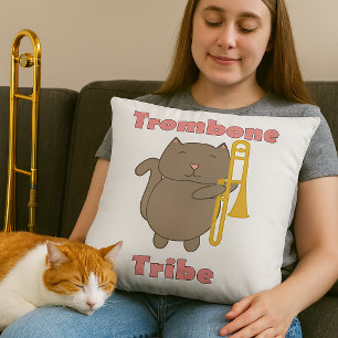 Coussin Tribu du Trombone Mignon Chat Brun Lettres Roses