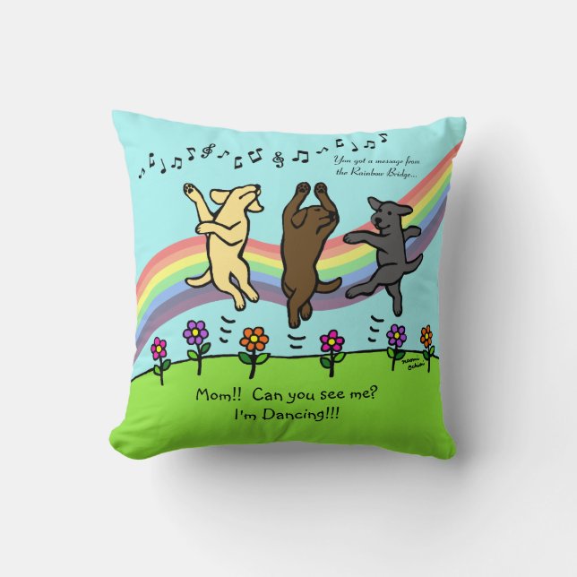 Coussin Trio de danse heureux de Labrador au pont en (Recto)