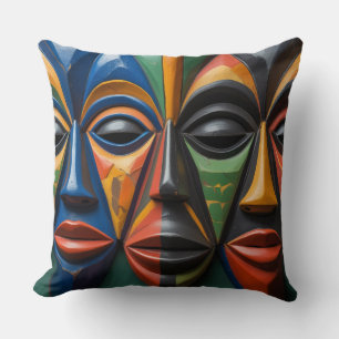 Coussin Trio de Masques Tribaux Africains Dynamique Symétr