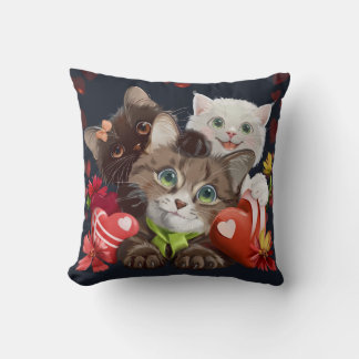 Coussin Trois chatons et coeurs