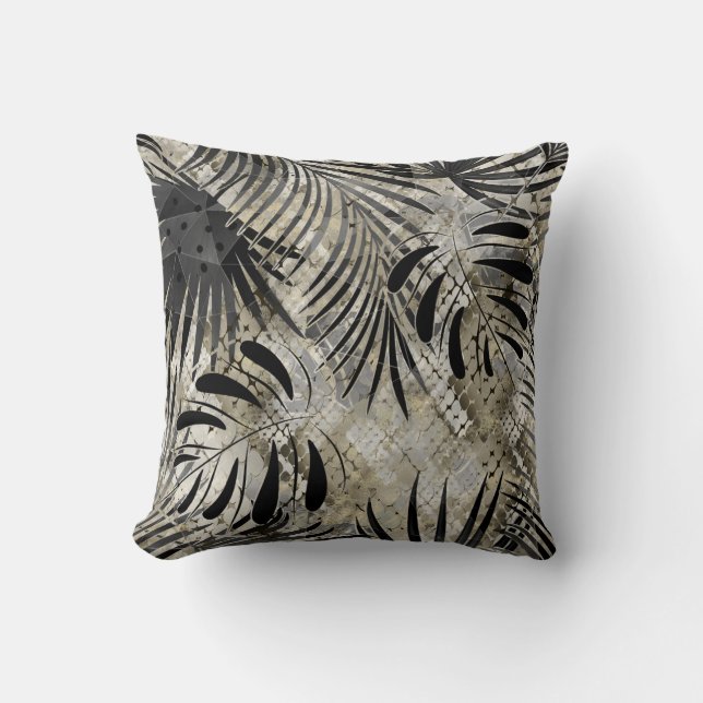 Coussin Tropical, Botanique, peau de serpent, feuilles, pa (Recto)