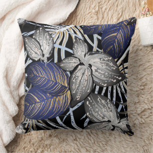 Coussin Tropical Class est une Florale Bleue, Argent et Or
