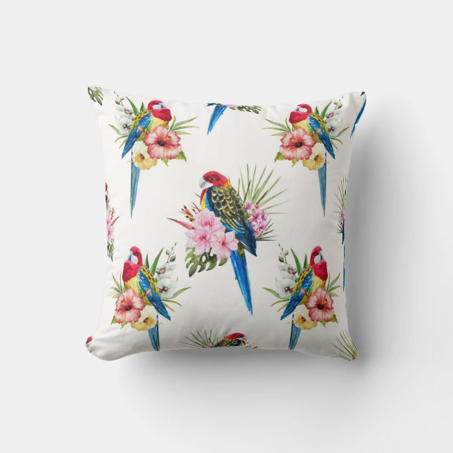 Coussin tropical d'oiseau de rosella (blanc) (Recto)
