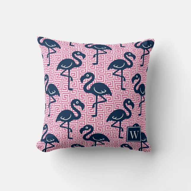 Coussin Tropical Flamingo Greek Key - Pink & Navy Monogram (Recto)