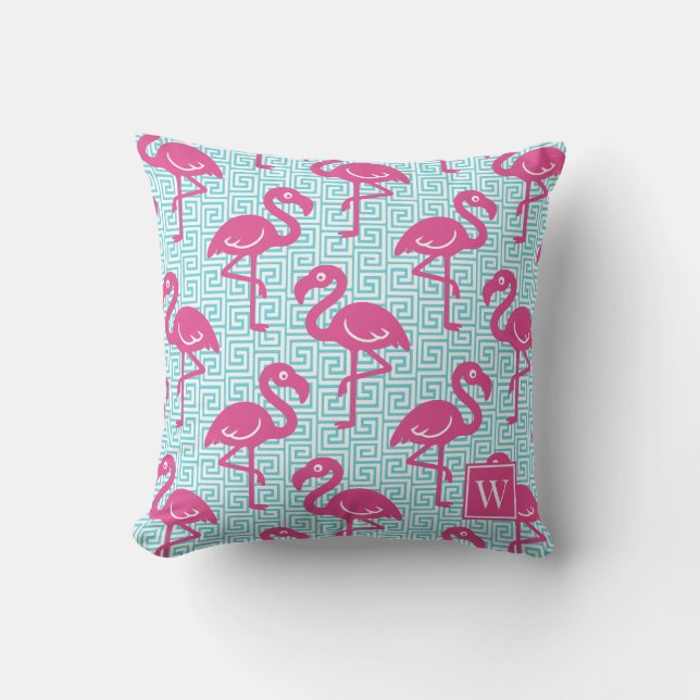 Coussin Tropical Flamingo Greek Key - Pink & Turq Monogram (Recto)