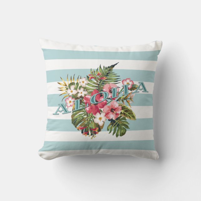 Coussin Tropical Hawaiian Aloha Floral & Aqua Stripe (Recto)