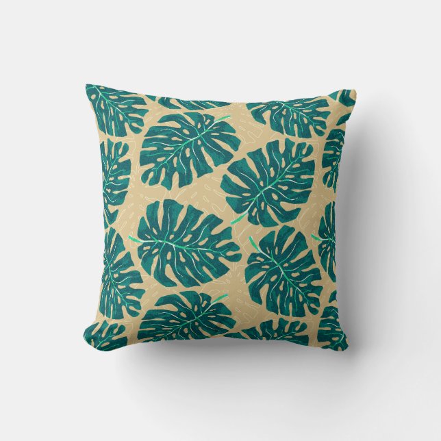 Coussin Tropical Palm Teal Beige (Recto)