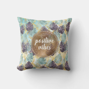Coussin Tropical Violet Vert Or Feuilles Vibrations Positi