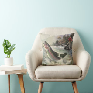 Coussin Truite arc-en-ciel, pêcheur à la ligne vintage pêc