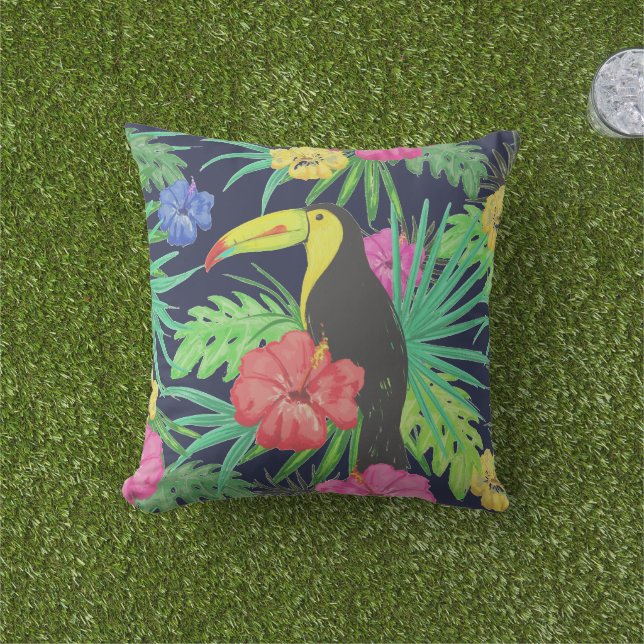 Coussin Tucan tropical et forêt tropicale Feuille (Herbe)