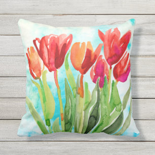 Coussin Tulipe rouge aquarelle sur l'oreiller à lancer Aq