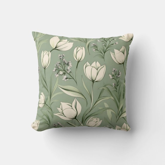 Coussin Tulipes Avec Feuilles Sur Vert Sage Clair (Recto)