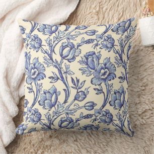 Coussin Tulipes bleues et crème Toile à la française Décor