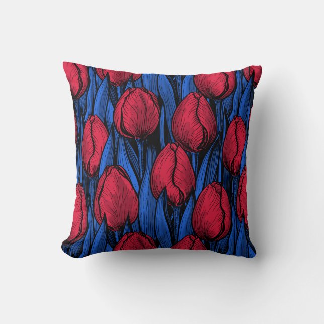 Coussin Tulipes en rouge et bleu (Recto)