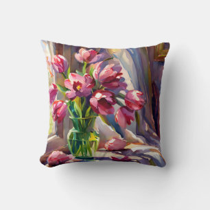 Coussin Tulipes roses aquarelles rustiques dans un vase