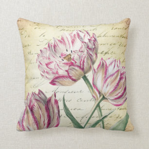 Coussin Tulipes roses et blanches botaniques vintages