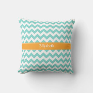 Coussin Turq / Aqua Blanc Chevron Cantaloupe Monogramme No