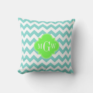 Coussin Turq / Aqua Blanc Chevron Lime 3 Initiale Monogram