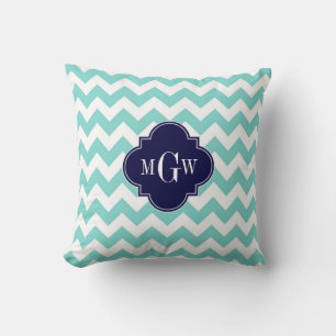 Coussin Turq / Aqua Blanc Chevron Navy 3 Monogramme Initia