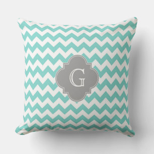 Coussin Turq/Aqua White Chevron Gray Quatrefoil monogram