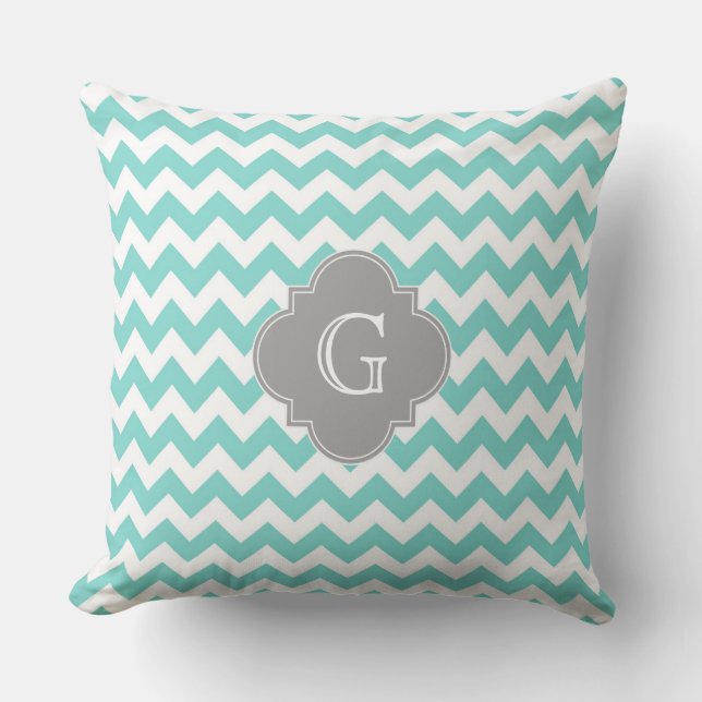 Coussin Turq/Aqua White Chevron Gray Quatrefoil monogram (Recto)