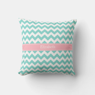 Coussin Turq / Aqua Wht Chevron Nom rose Monogramme