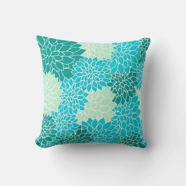 Coussin Turquoise Aqua Blue Green Flowers Floral Throw Pil (Recto)