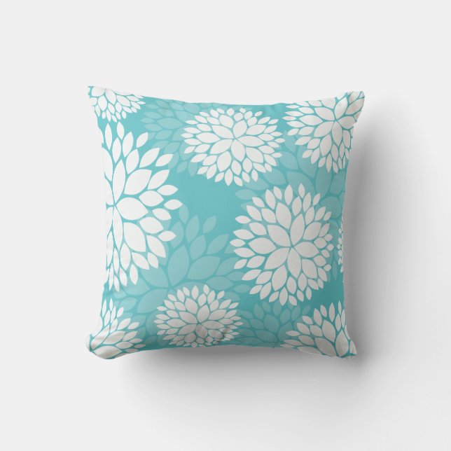 Coussin turquoise blanc à motifs floraux (Recto)
