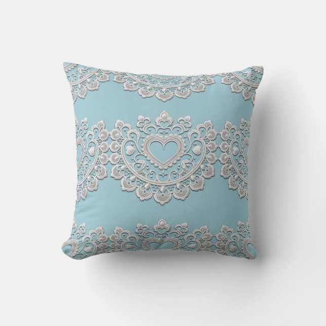 Coussin Turquoise Bleu Blanc dentelle Coeur Mariage (Recto)