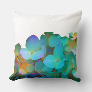 Coussin Turquoise bleu jaune rose hydrangée fleurs florale