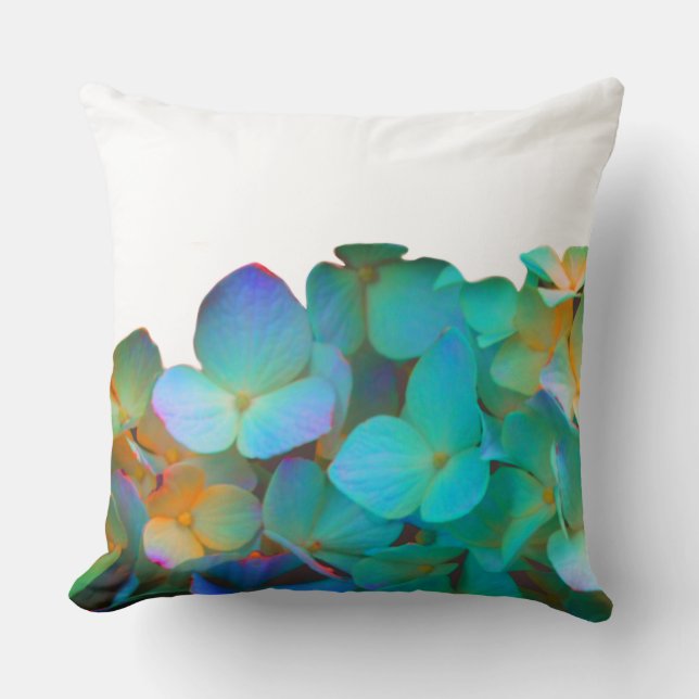 Coussin Turquoise bleu jaune rose hydrangée fleurs florale (Recto)