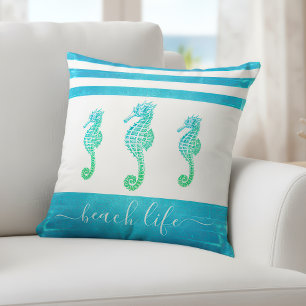 Coussin Turquoise bleu ombré 3 hippocampes écriture vie de