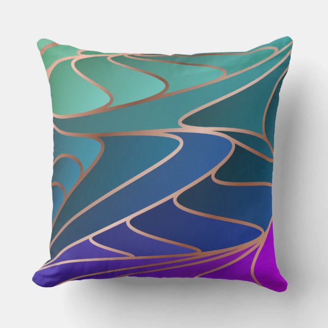 Coussin Turquoise, Bleu, Pétales Violets Nouveau Art Nouve (Recto)