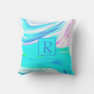 Coussin Turquoise bleu rose blanc Abstrait ondulé Monogram