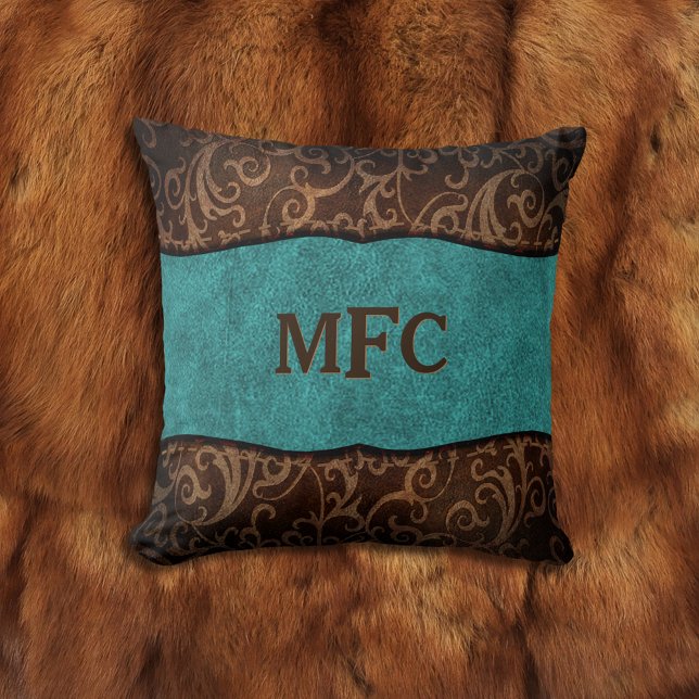 Coussin Turquoise Brown Vieux Monde Végétal Monogramme en  (Créateur téléchargé)