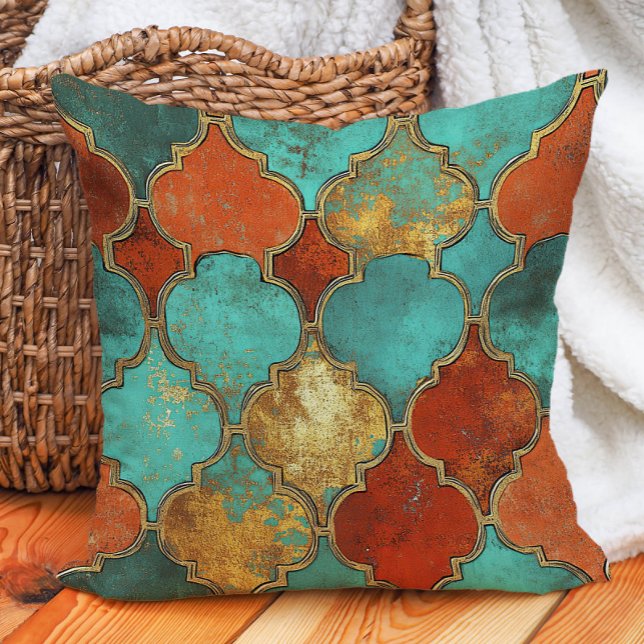 Coussin Turquoise Brûlé Orange Maroc Quatrefoil (Turquoise and burnt orange pillow)
