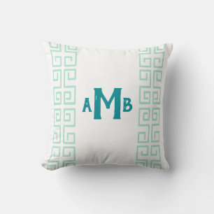 Coussin Turquoise Chinoiserie Grand Grec Grille Clé Monogr