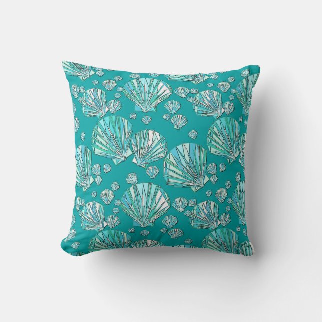 Coussin Turquoise, coquillages de mer, arrière - plan turq (Recto)