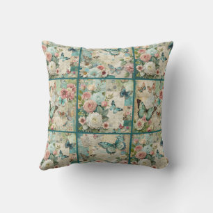 Coussin Turquoise Cottagecore Vintage Floral Quilt Motif