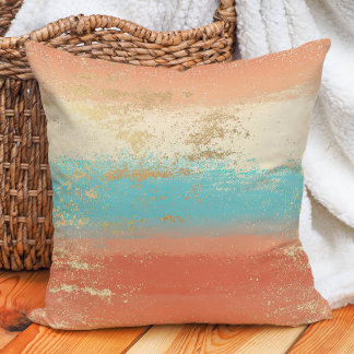 Coussin Turquoise Crème Corail Or Bohème Côtière
