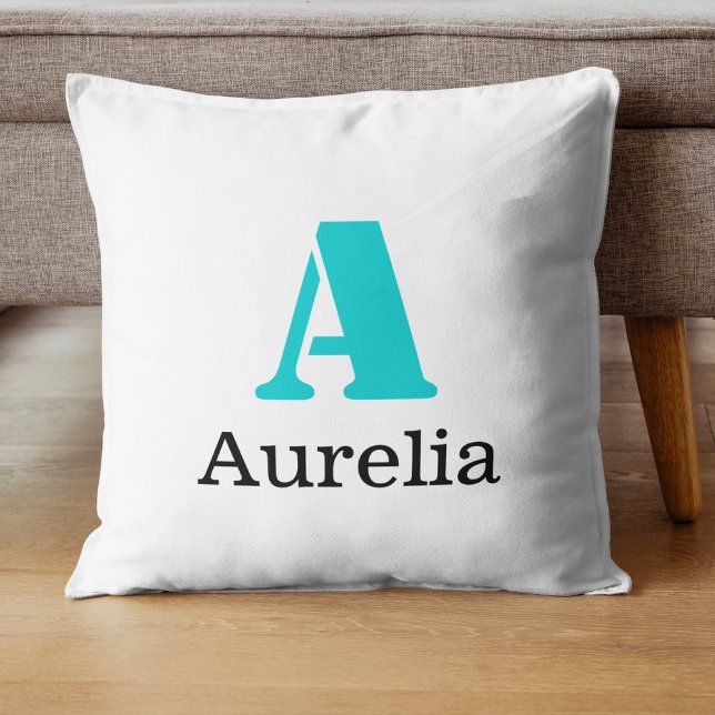 Coussin Turquoise Elegant Initial Black Name | Moderne (Créateur téléchargé)