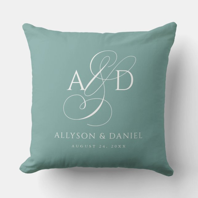 Coussin Turquoise Elegant Initial Script Monogram Mariage (Recto)