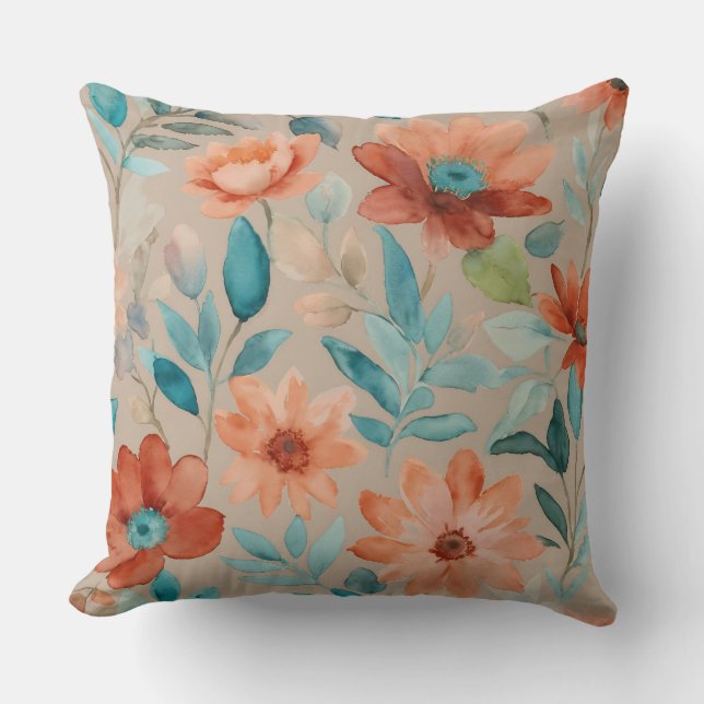 Coussin Turquoise et bronze Fleur sauvage floral (Recto)